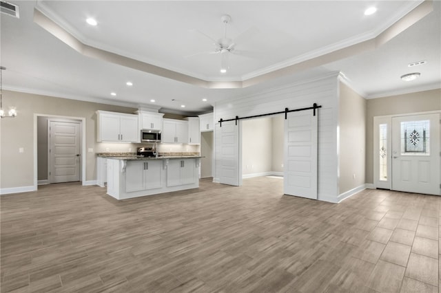 kitchen with stainless steel appliances, a raised ceiling, ceiling fan with notable chandelier, a barn door, and white cabinetry