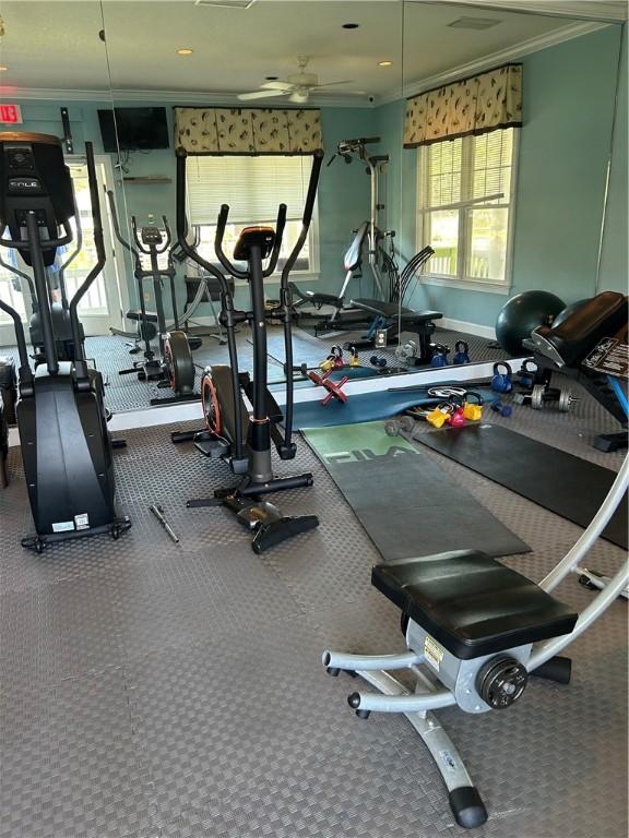 850 Mallery St Unit J-14, Saint Simons Island, GA 31522 - exercise room with ornamental molding, ceiling fan, and carpet flooring