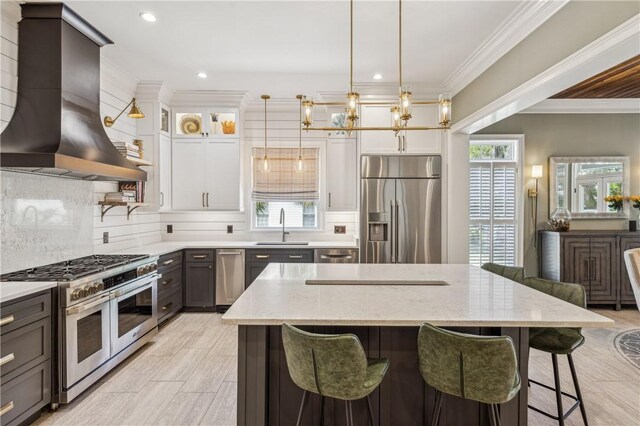 1232 Riverpoint Ln NE, Townsend, GA 31331 - kitchen featuring high end appliances, range hood, a sink, plenty of natural light, and crown molding