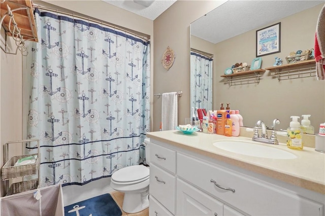 full bathroom with a textured ceiling, toilet, vanity, and shower / bathtub combination with curtain