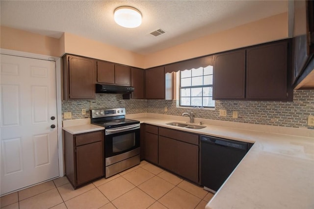 kitchen featuring a sink, light countertops, stainless steel range with electric stovetop, black dishwasher, and under cabinet range hood