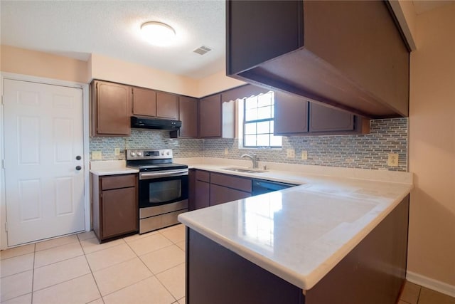 kitchen with visible vents, a peninsula, a sink, electric stove, and under cabinet range hood