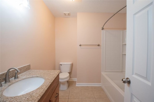 full bathroom featuring toilet, tile patterned flooring, baseboards, bathing tub / shower combination, and vanity