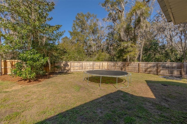 view of yard with a trampoline and a fenced backyard