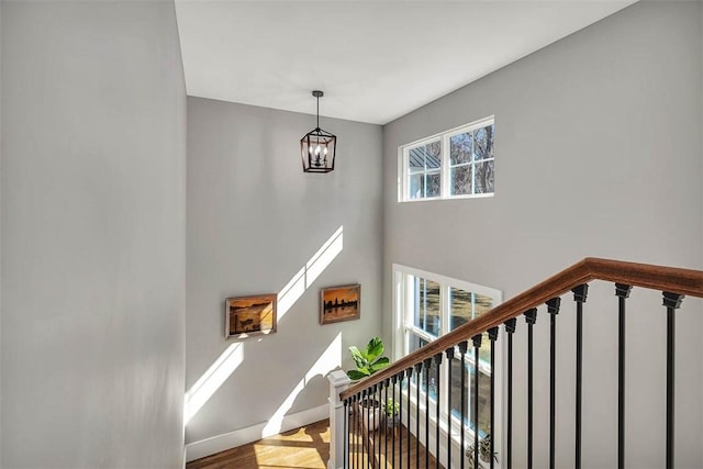 staircase with an inviting chandelier, wood finished floors, a healthy amount of sunlight, and baseboards