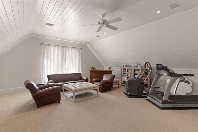 interior space featuring carpet, vaulted ceiling, ceiling fan, and wooden ceiling