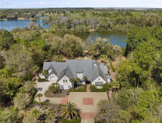 drone / aerial view with a water view