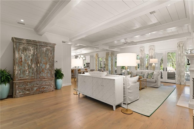 living room featuring wooden ceiling, french doors, ceiling fan, light wood-type flooring, and beam ceiling