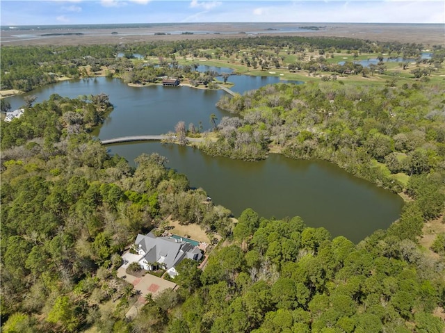 aerial view featuring a water view