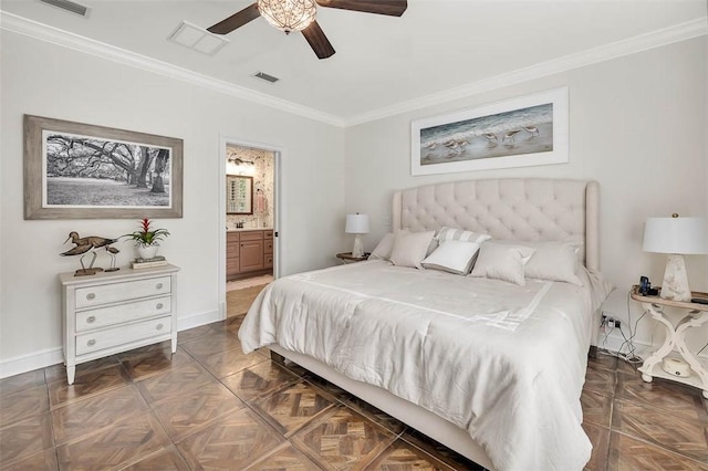 bedroom with ceiling fan, dark parquet flooring, ornamental molding, and connected bathroom