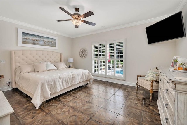 bedroom with dark parquet flooring, ceiling fan, and ornamental molding