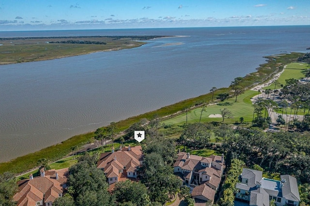 aerial view with a water view and a residential view