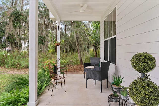 view of patio featuring ceiling fan