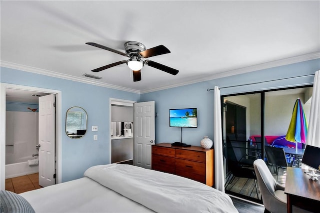 tiled bedroom with ornamental molding, visible vents, ceiling fan, and ensuite bath