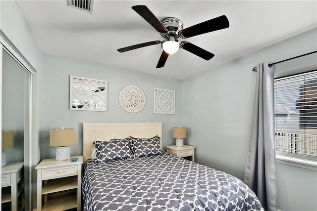 bedroom featuring a closet, visible vents, ceiling fan, and multiple windows