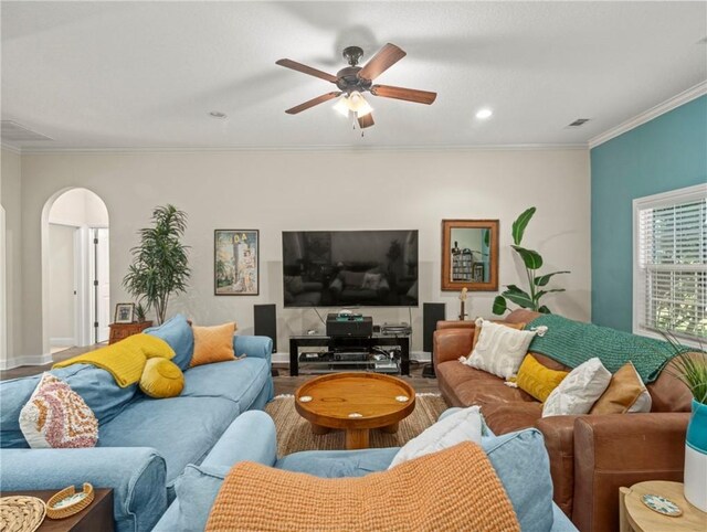 living room featuring ceiling fan, light hardwood / wood-style floors, and crown molding