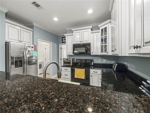 kitchen with white cabinets, a textured ceiling, ornamental molding, and black appliances