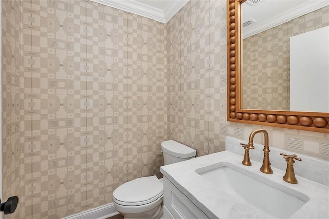 217 Five Pounds Rd, Saint Simons Island, GA 31522 - half bath with ornamental molding, toilet, vanity, tasteful backsplash, and tile walls