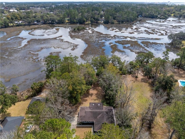 birds eye view of property with a water view and a view of trees