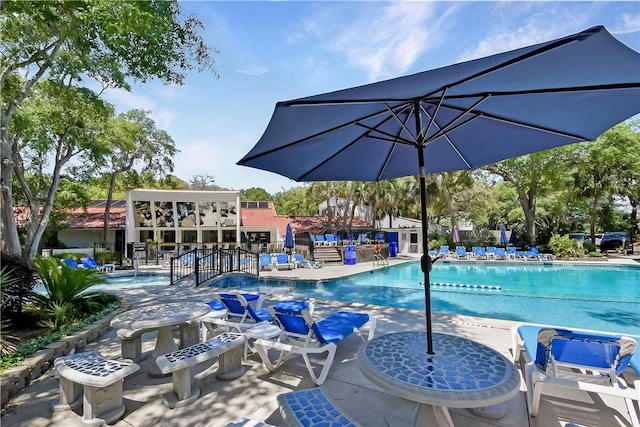 view of swimming pool featuring a patio