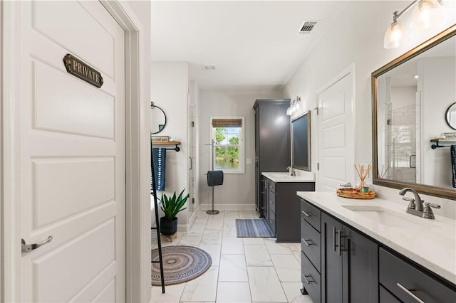 98 Bartram Trl, Brunswick, GA 31523 - full bathroom featuring marble finish flooring, two vanities, a shower stall, and baseboards