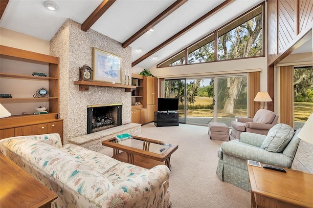 carpeted living room with a fireplace, high vaulted ceiling, beamed ceiling, and recessed lighting