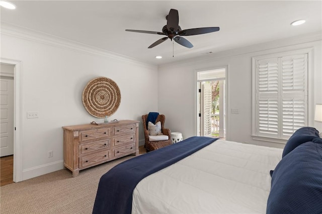 553 Park Ave, Saint Simons Island, GA 31522 - bedroom featuring light colored carpet, ornamental molding, baseboards, recessed lighting, and access to outside