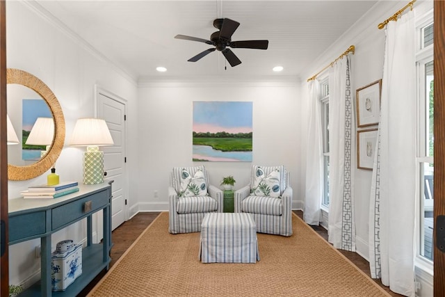 553 Park Ave, Saint Simons Island, GA 31522 - sitting room featuring wood finished floors, baseboards, crown molding, a ceiling fan, and recessed lighting
