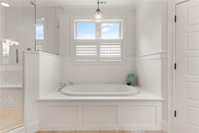 553 Park Ave, Saint Simons Island, GA 31522 - bathroom with a garden tub, a shower stall, a wainscoted wall, and healthy amount of natural light