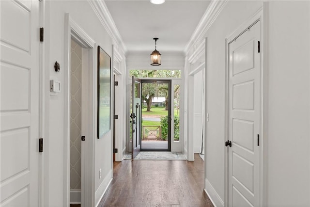 553 Park Ave, Saint Simons Island, GA 31522 - foyer entrance featuring baseboards, dark wood-style flooring, and crown molding