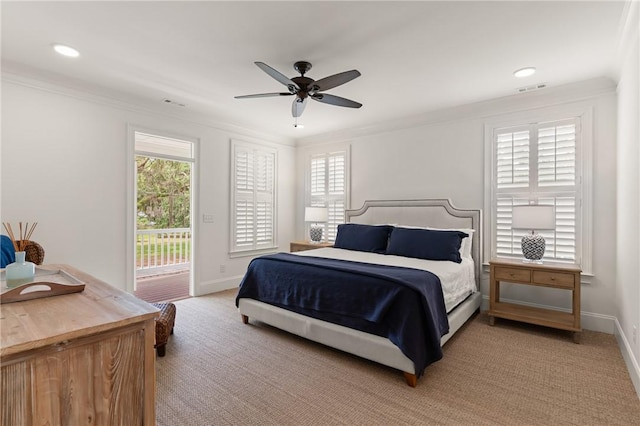 553 Park Ave, Saint Simons Island, GA 31522 - bedroom featuring access to exterior, baseboards, crown molding, ceiling fan, and recessed lighting