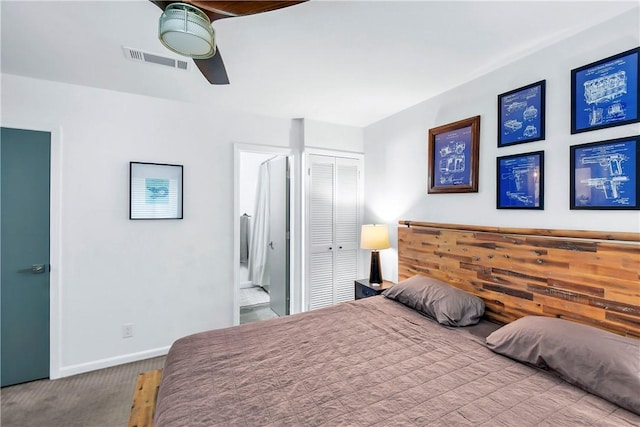 bedroom featuring ceiling fan, a closet, and carpet floors