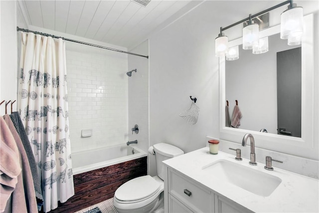 full bathroom with vanity, toilet, and shower / bathtub combination with curtain