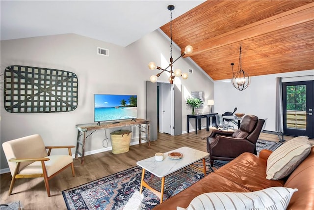 living room featuring hardwood / wood-style flooring, a notable chandelier, wooden ceiling, and vaulted ceiling