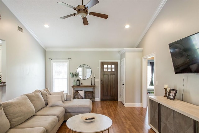4901 Stanfield Rd, Patterson, GA 31557 - living area with ceiling fan, healthy amount of natural light, wood finished floors, ornamental molding, and recessed lighting