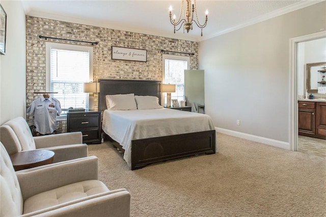 4901 Stanfield Rd, Patterson, GA 31557 - bedroom featuring a chandelier, crown molding, light colored carpet, and ensuite bath