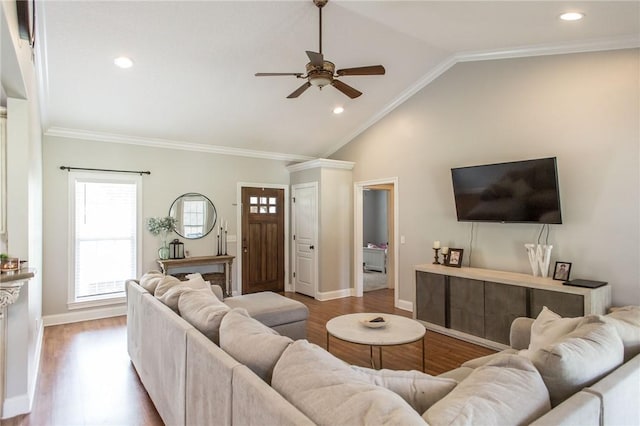 4901 Stanfield Rd, Patterson, GA 31557 - living room with a ceiling fan, vaulted ceiling, wood finished floors, crown molding, and recessed lighting