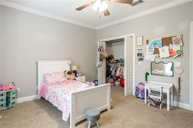 4901 Stanfield Rd, Patterson, GA 31557 - bedroom with carpet floors, ornamental molding, a closet, and a ceiling fan