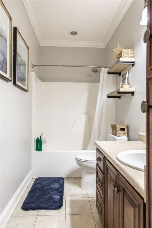 4901 Stanfield Rd, Patterson, GA 31557 - bathroom with shower / bathtub combination with curtain, vanity, crown molding, and tile patterned flooring