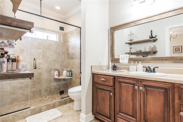 4901 Stanfield Rd, Patterson, GA 31557 - full bathroom with vanity, a shower stall, crown molding, and tile patterned floors