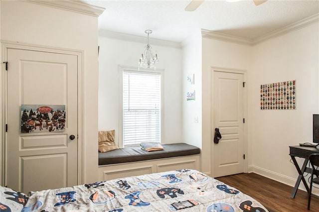 4901 Stanfield Rd, Patterson, GA 31557 - bedroom with dark wood-type flooring, ornamental molding, a chandelier, and a ceiling fan