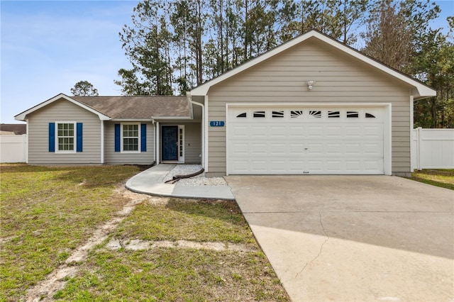 single story home featuring a garage and a front yard