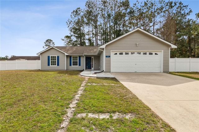 ranch-style home featuring a garage and a front yard