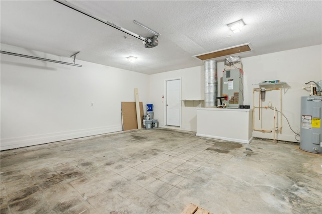 garage with a garage door opener, electric water heater, and heating unit