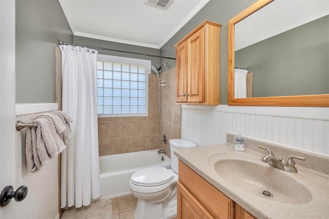 full bathroom with shower / bath combination with curtain, ornamental molding, vanity, tile patterned flooring, and toilet