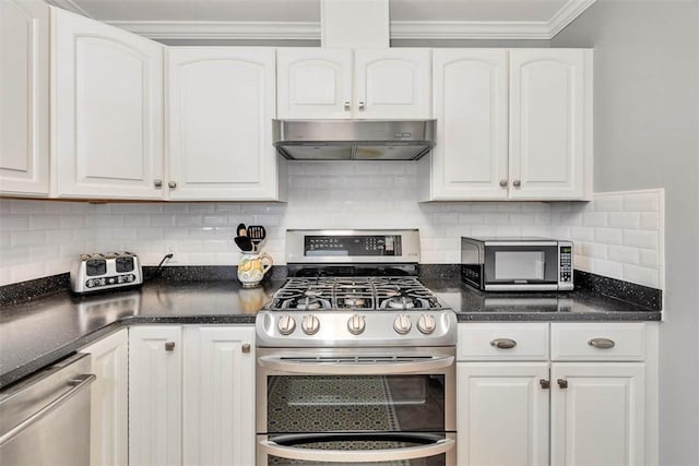 kitchen with tasteful backsplash, white cabinets, stainless steel appliances, and ornamental molding