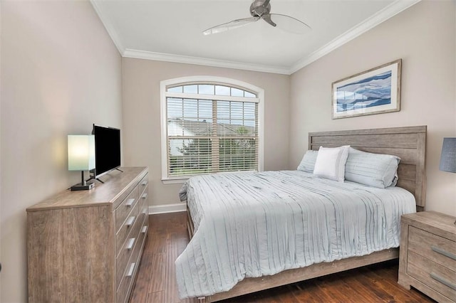 bedroom with ceiling fan, ornamental molding, dark wood finished floors, and baseboards