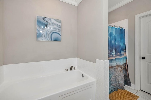 bathroom with a shower with curtain, crown molding, a bath, and tile patterned floors