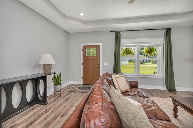 12 Hunters Dr, Brunswick, GA 31523 - foyer entrance featuring wood finished floors, a raised ceiling, and recessed lighting