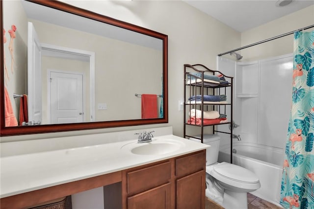 full bathroom with toilet, shower / bath combination with curtain, and vanity